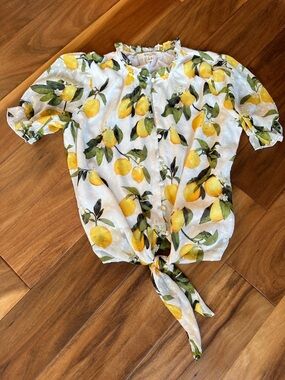 Women’s White Lemon Print Tie-Front Top